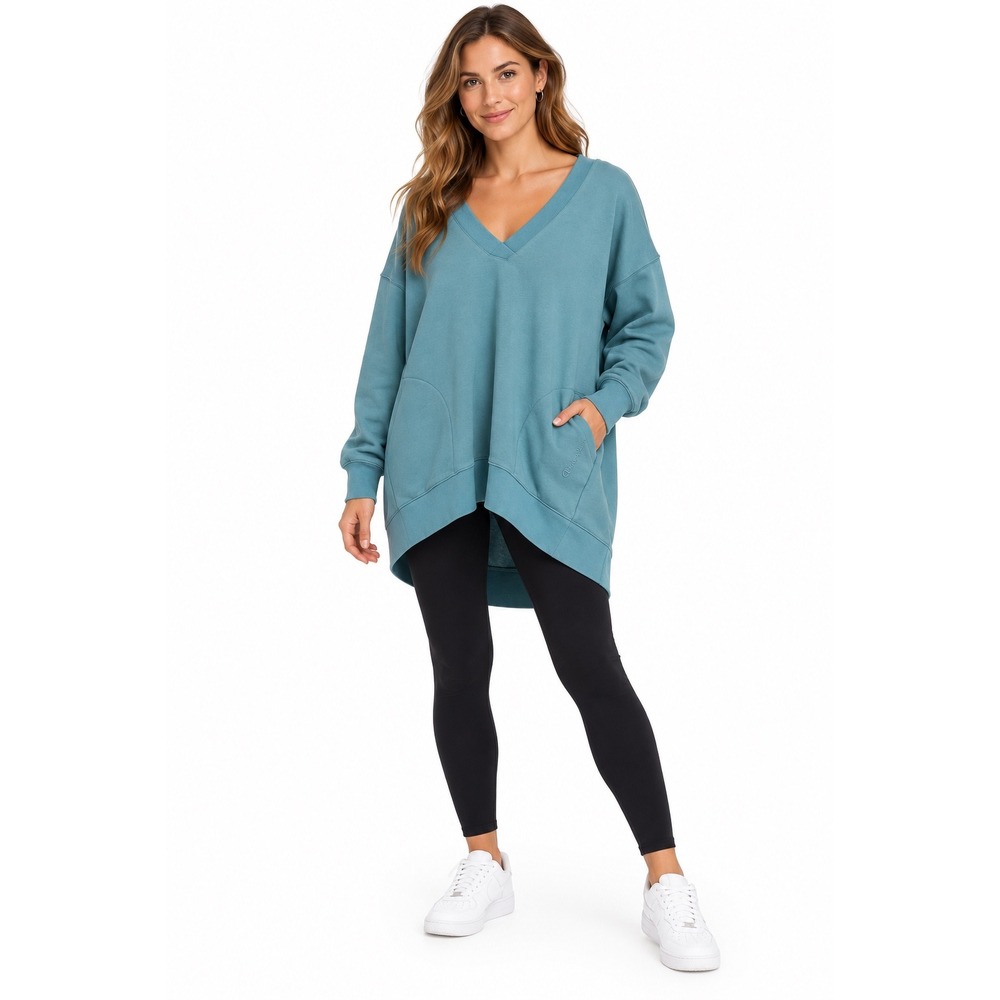 Champion Sweatshirt Women Large Teal V-Neck Oversized Fleece Pockets Athleisure